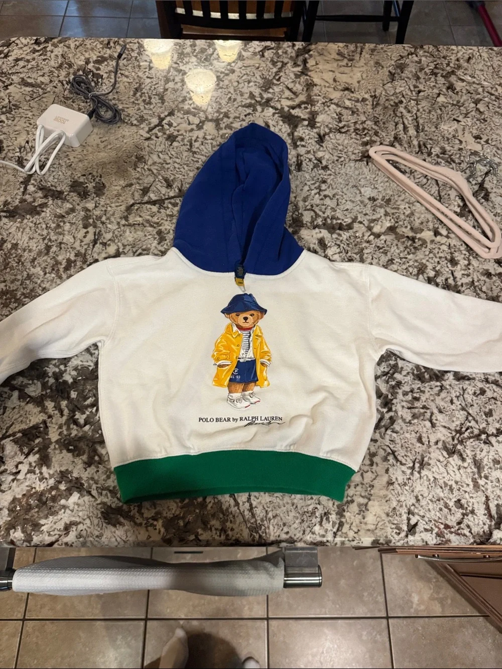 Ralph Lauren White Hoodie with Blue Hood & Green Hem - Polo Bear Graphic